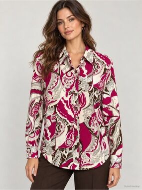 Fuchsia Paisley Button-Down Shirt with Cream & Brown Motif